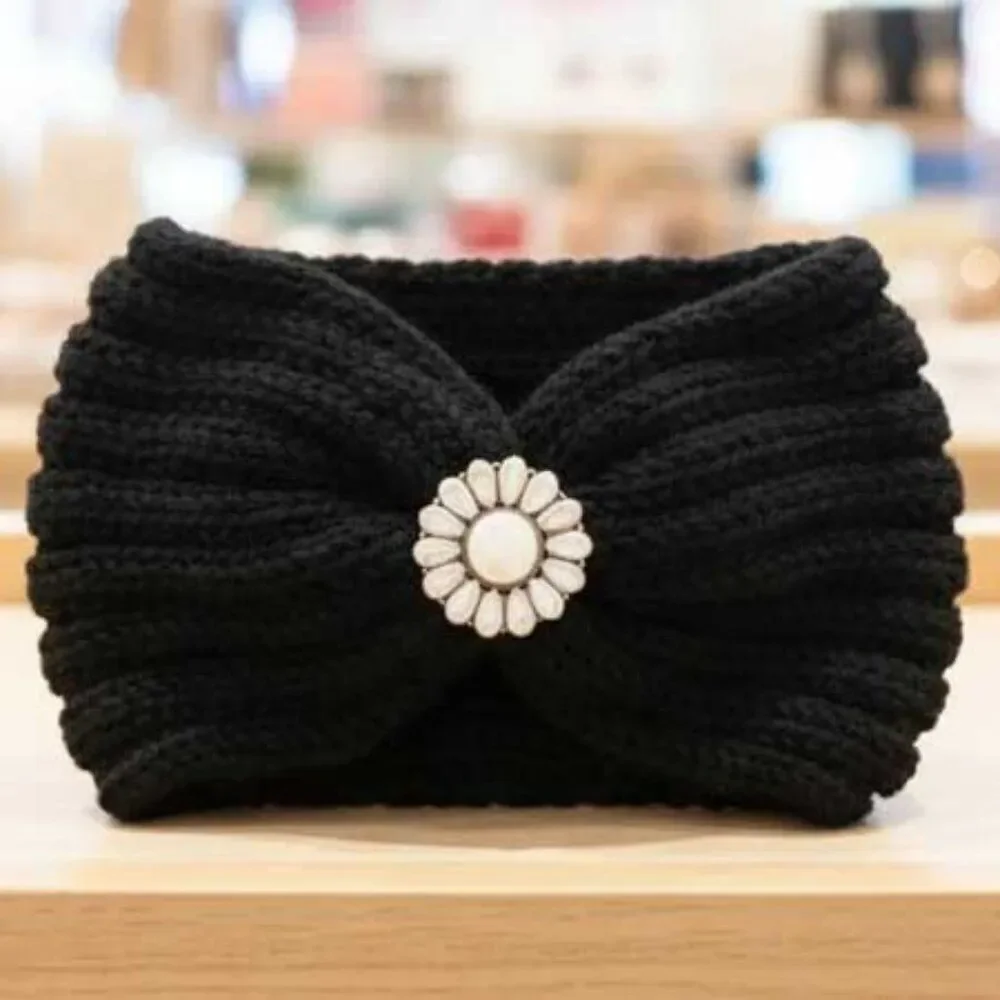 Ladies Black Beaded Knitted Winter Headband